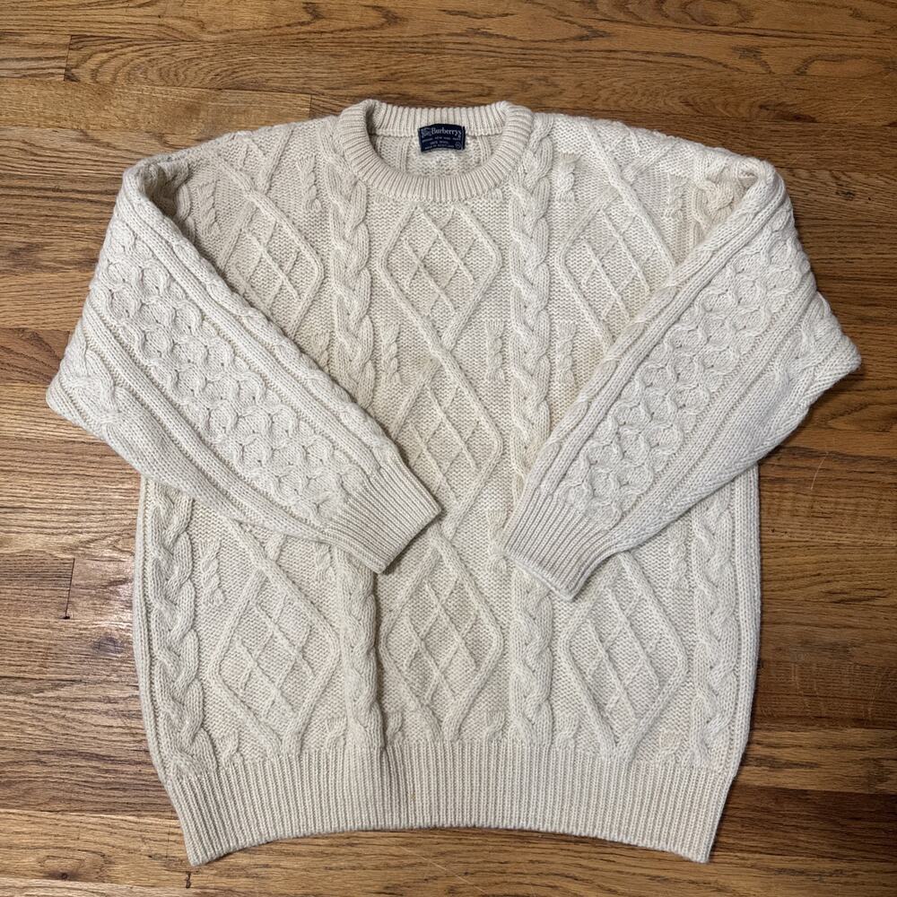 Vintage Burberrys 100% Wool Cable-Knit Fisherman Sweater Size XL Unisex
